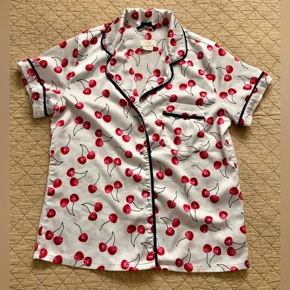 kate spade Cherry Print Satin Feel Pajama Set in Red and White with Black Trim - Picture 2 of 16